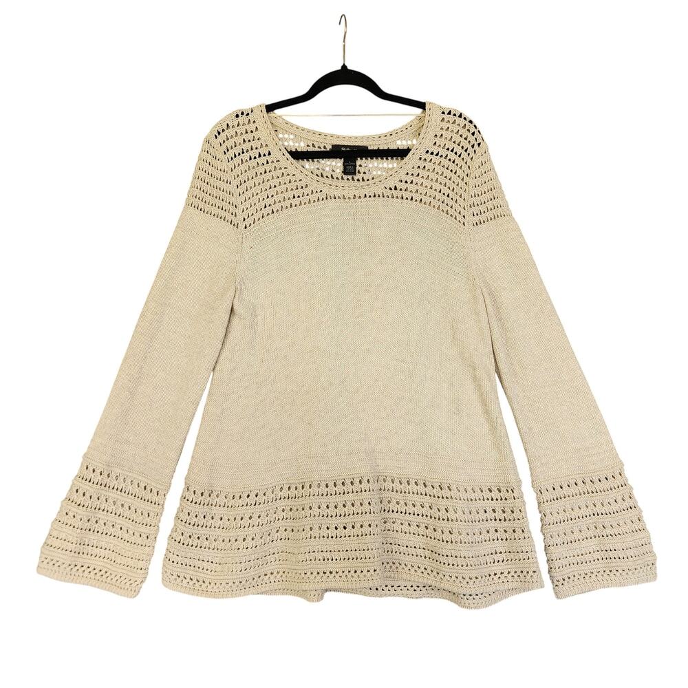Style & Co Womens Crochet Knit Sweater‎ Size Large Natural Heather Bell Sleeve